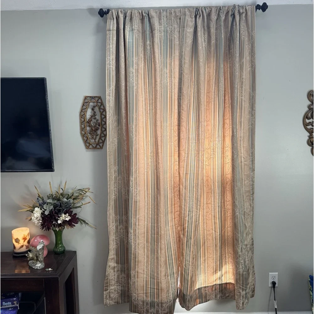 Croscill Home 2 Curtain Panels 40x84 Brocade Fabric Striped Blue Gold Damask